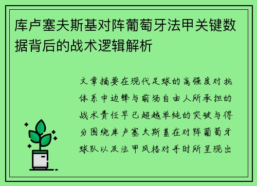 库卢塞夫斯基对阵葡萄牙法甲关键数据背后的战术逻辑解析