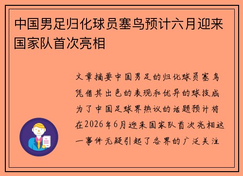 中国男足归化球员塞鸟预计六月迎来国家队首次亮相