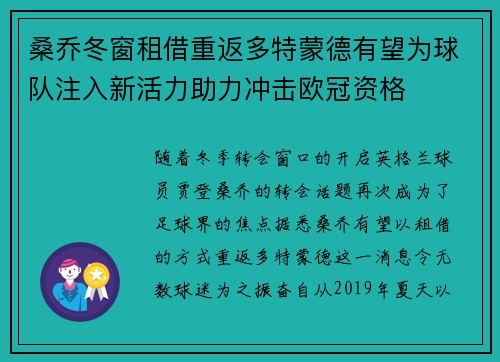 桑乔冬窗租借重返多特蒙德有望为球队注入新活力助力冲击欧冠资格