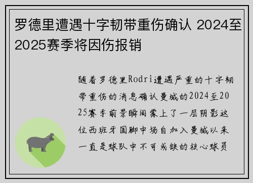 罗德里遭遇十字韧带重伤确认 2024至2025赛季将因伤报销
